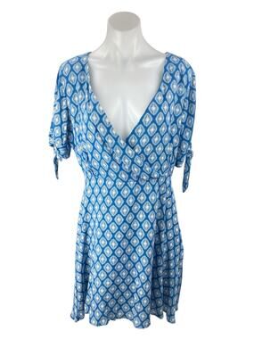 Blue Rair Blue Argyle Short Sleeve Tie Deep V Neck Faux Wrap A Line Mini Dress L